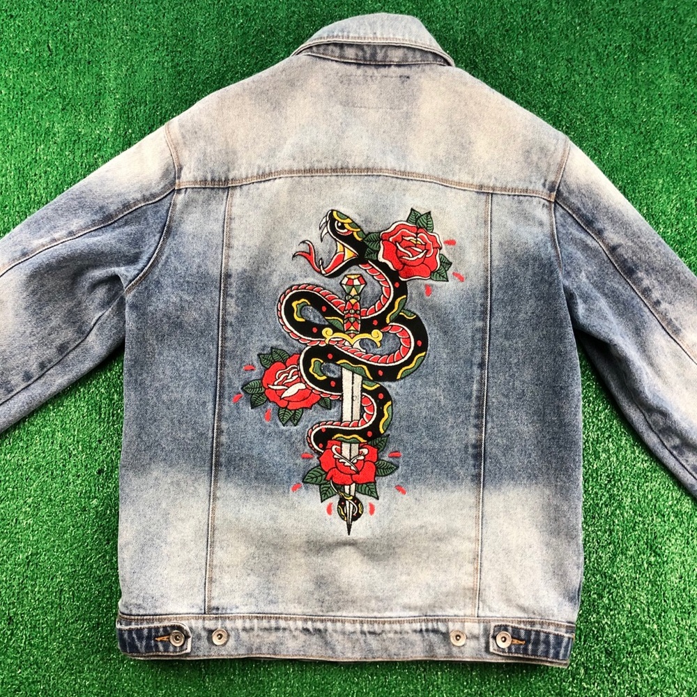 Empyre Denim Jacket Distressed Snake Patch Medium
